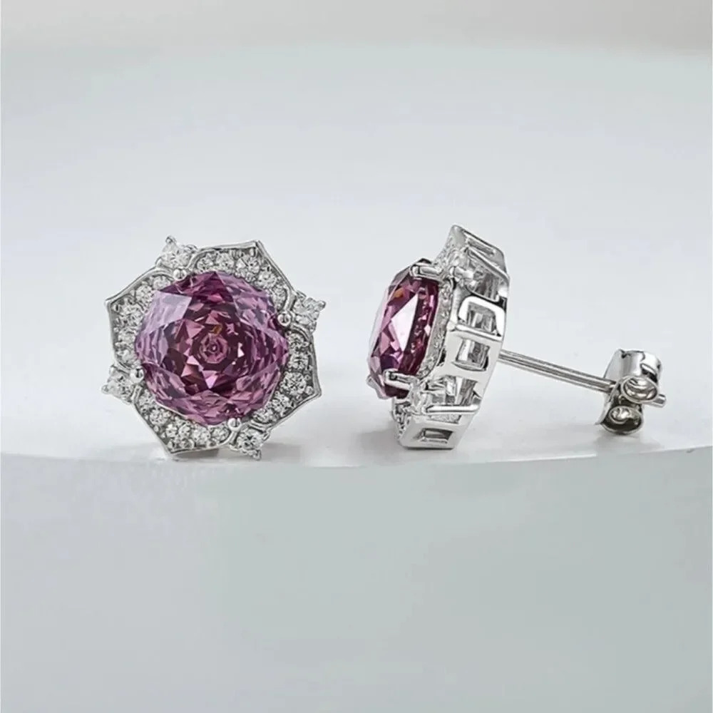4CT Rose Purple Paris Sapphire Millennium Cut Luxury Stud Earrings 8MM - Picture 4 of 9